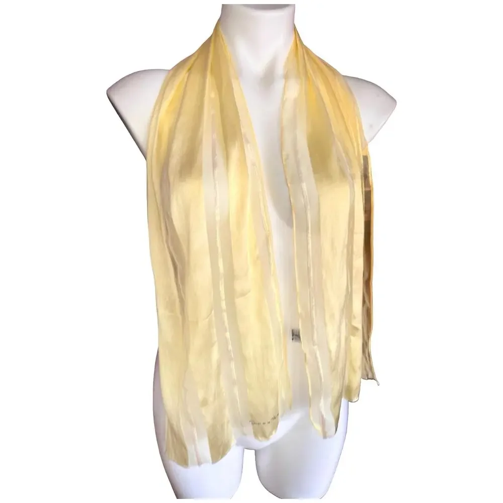 Vintage 70s Oscar de la Renta Silk Scarf Butter Yellow Lurex Stripe Japan 10X52